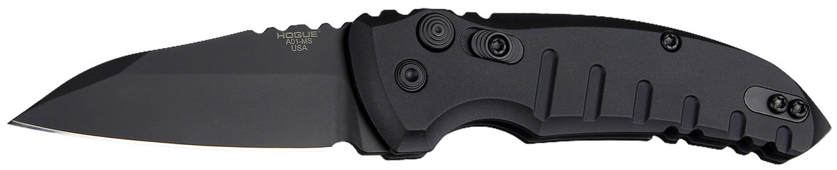 Hogue A01 2.75" Folding Wharncliffe Plain Blade, Black Cerakote 154CM Stainless, Matte Black Aluminum Handle