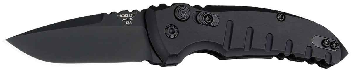 Hogue A01 2.75" Folding Drop Point Plain Blade, Black Cerakote 154CM Stainless, Matte Black Aluminum Handle