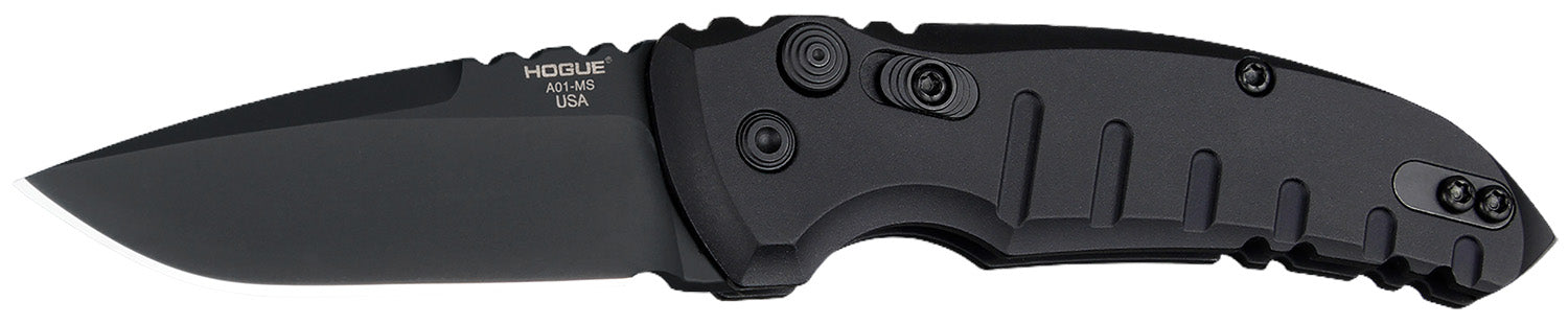 Hogue A01 2.75" Folding Drop Point Plain Blade, Black Cerakote 154CM Stainless, Matte Black Aluminum Handle