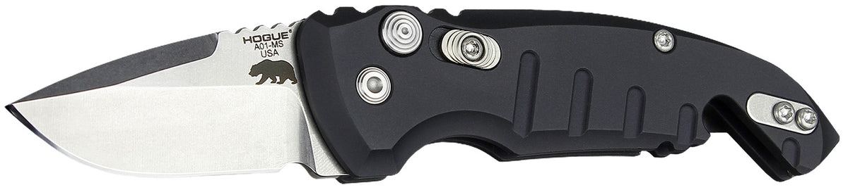 Hogue A01 1.95" Folding Drop Point Plain Blade, Stone Tumbled 154CM Stainless, Matte Black Aluminum Handle & Bottle Opener