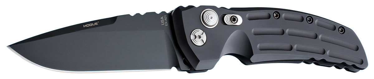 Hogue EX-A01 4" Folding Drop Point Plain Blade, Black Cerakote 154CM Stainless, Matte Black Fluted Aluminum Frame