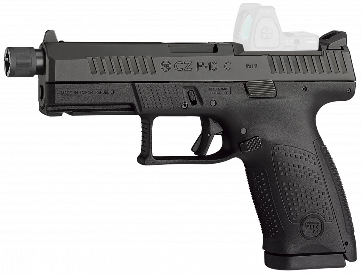 CZ-USA 91513 P-10 C Compact 9mm Luger 17+1 4.02" Black Threaded Barrel, Black Nitride Optic Ready/Serrated Steel Slide, Black Polymer Frame w/Picatinny Rail, Interchangeable Backstrap Grip