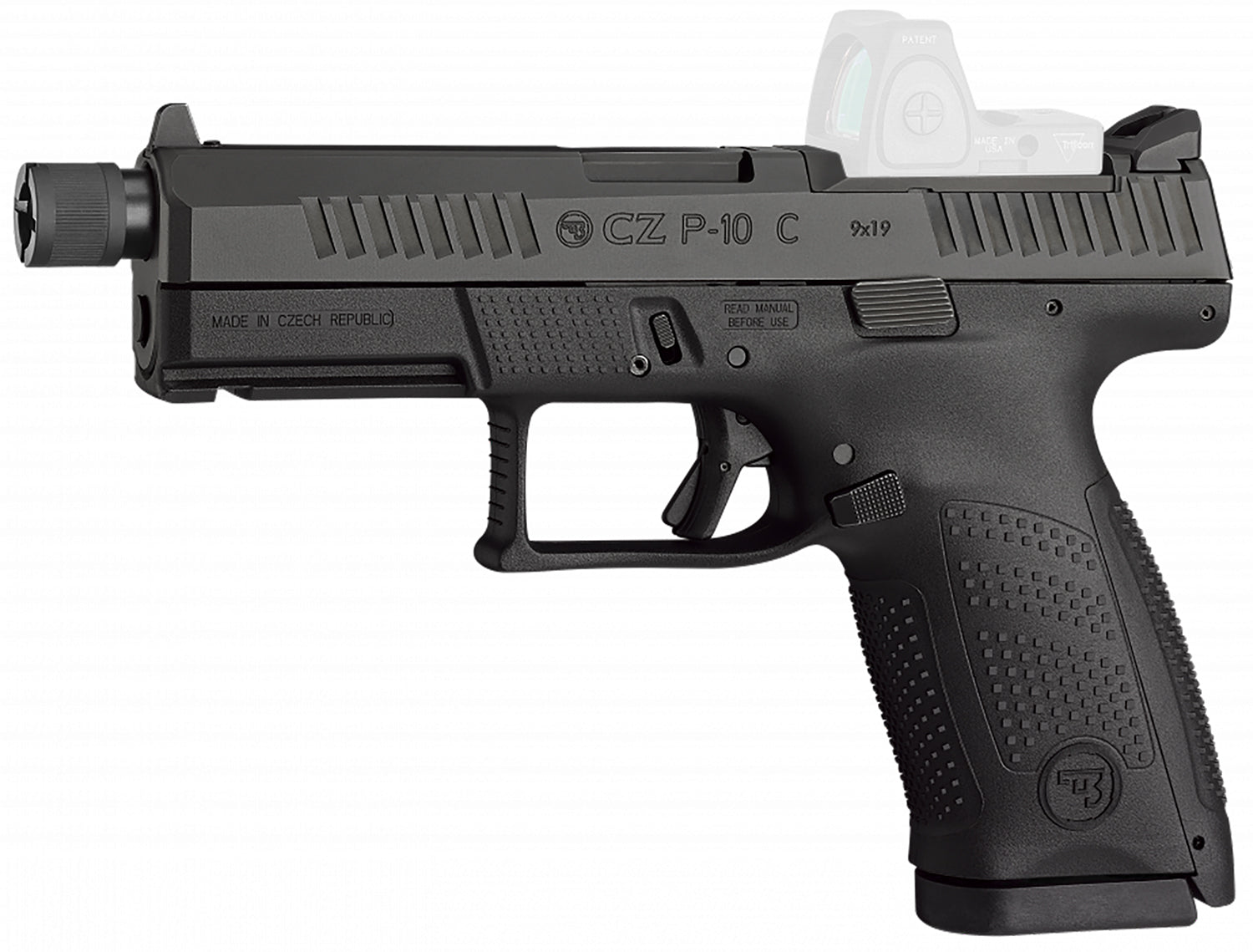 CZ-USA 91513 P-10 C Compact 9mm Luger 17+1 4.02" Black Threaded Barrel, Black Nitride Optic Ready/Serrated Steel Slide, Black Polymer Frame w/Picatinny Rail, Interchangeable Backstrap Grip