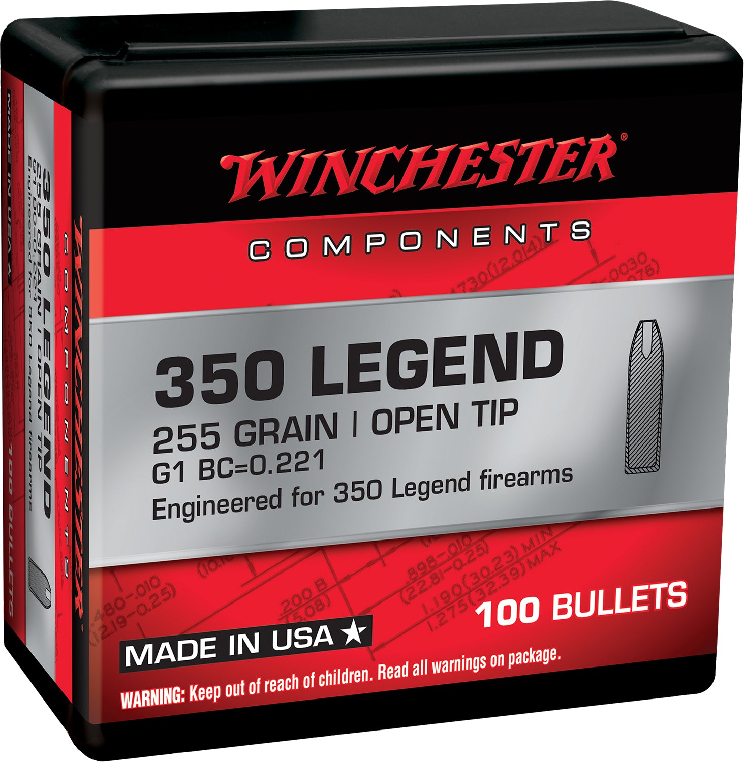 Winchester .350 Legend Components 255 grain Open Tip ammunition