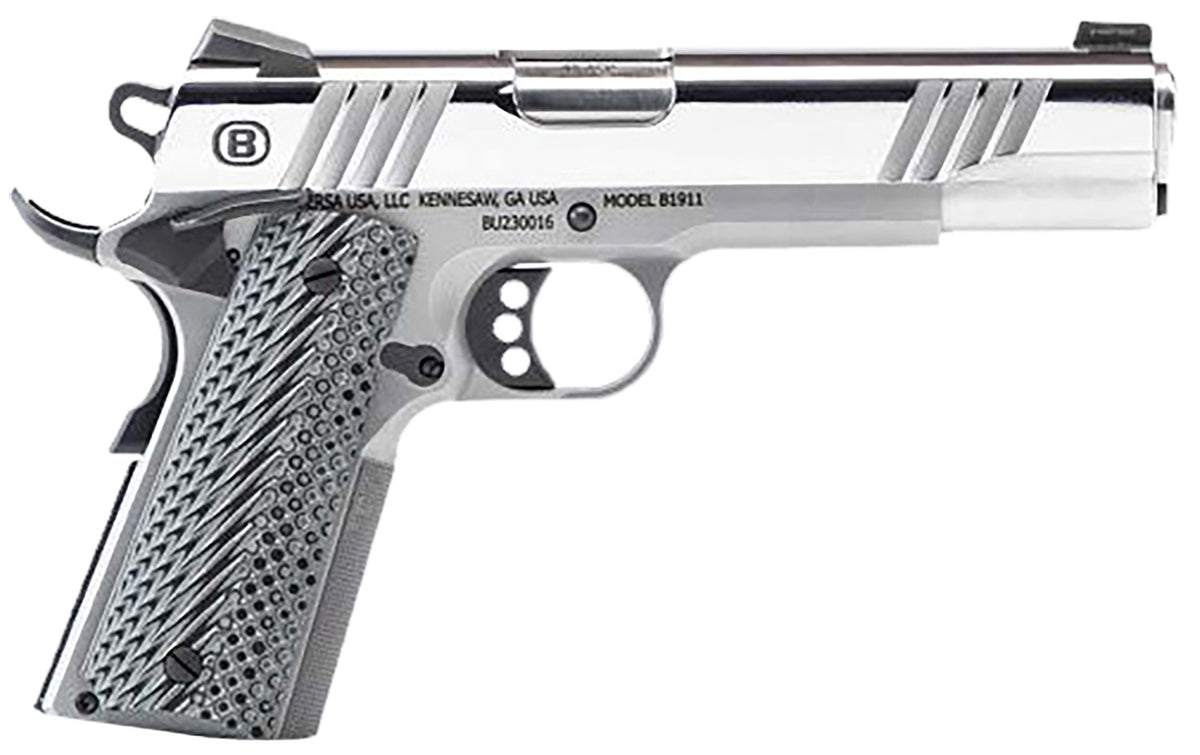 Bersa B19117050PMBG B1911 Mirror Full Size Frame 45 ACP 8+1 5" Stainless Steel Barrel, Polished Stainless Serrated Steel Slide, Stainless Steel Frame w/Beavertail, Gray VZ Grip, Ambidextrous