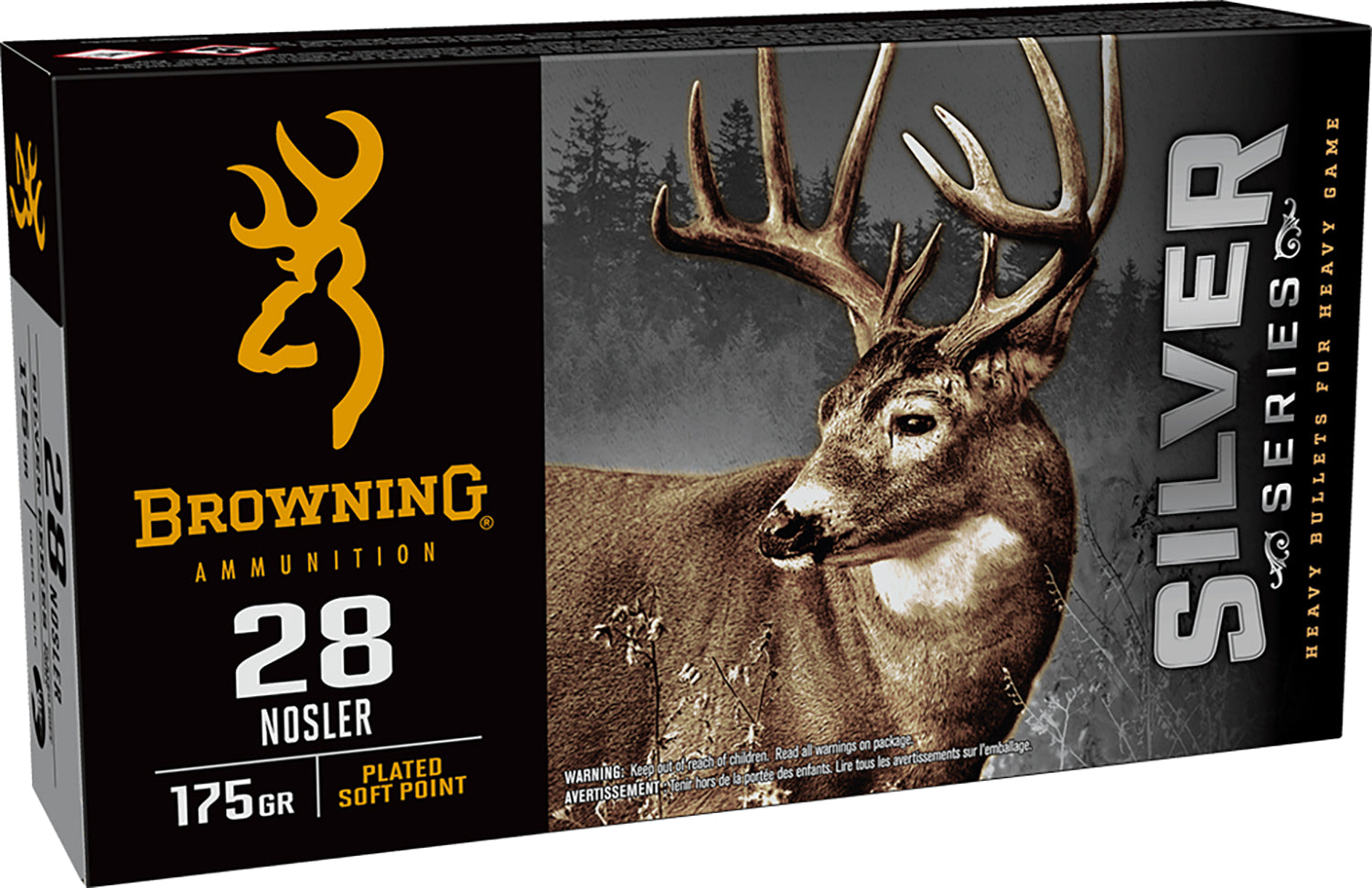 Browning .28 Nosler Silver 175 grain Plated Soft Point ammunition