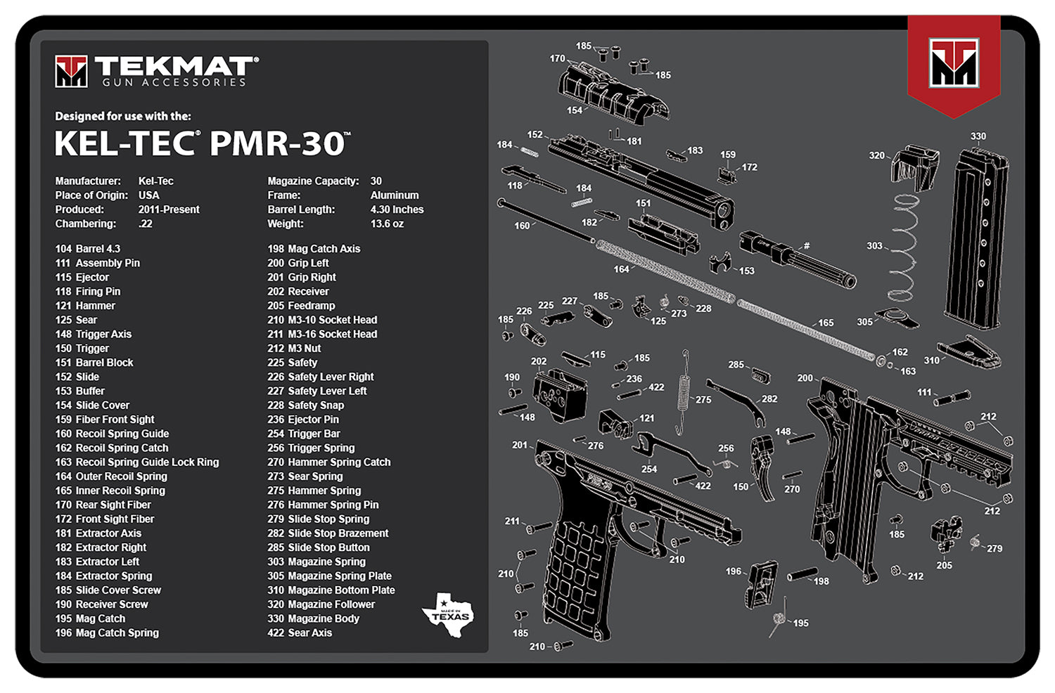 TekMat Kel-Tec PMR-30 Firearm Cleaning and Maintenance Mat Gray 11x17 Inch