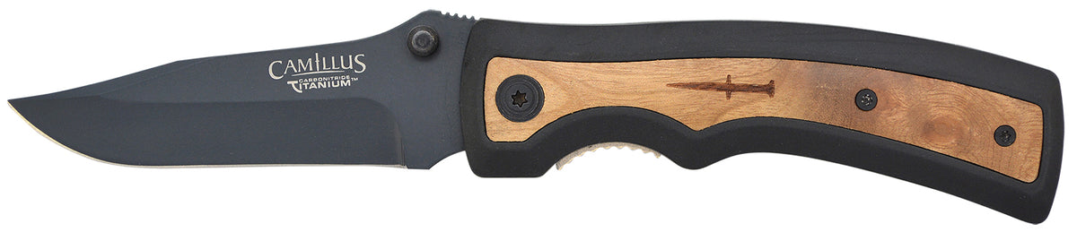 Camillus 19076-001 Slick 3" Folding Plain Clip Point Black Carbonitride Titanium AUS-8A Steel Blade, 5" Rubber/Wood Handle