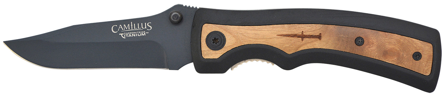 Camillus 19076-001 Slick 3" Folding Plain Clip Point Black Carbonitride Titanium AUS-8A Steel Blade, 5" Rubber/Wood Handle