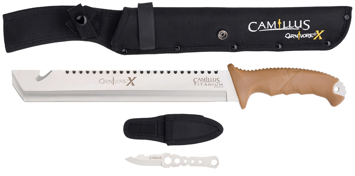 Camillus 19236-003 Carnivore X 12" Titanium Bonded 440 SS Blade Machete, Brown ABS Handle, 18" Long with Trimming Knife