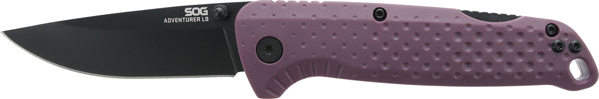 SOG Adventure LB Lockback Folder 3.50" Drop Point Black TiNi Stainless Blade Dark Purple GRN Handle