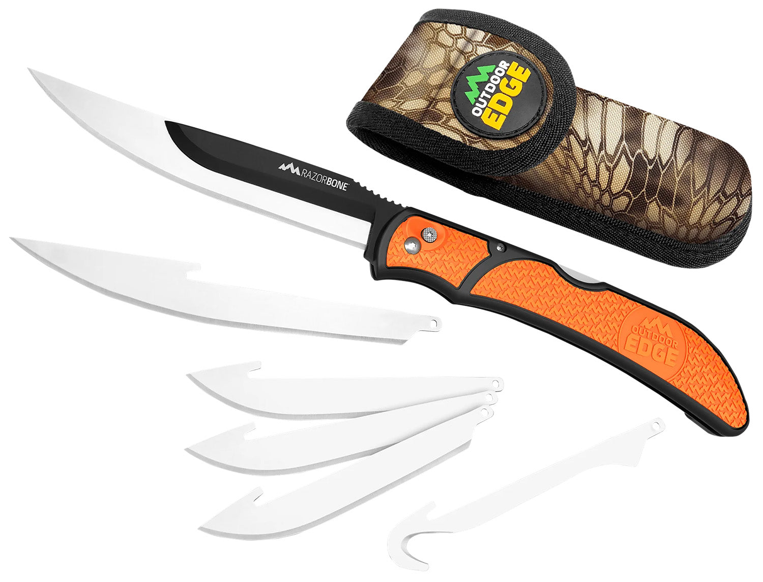 Outdoor Edge RazorBone 6-Blade Folding Hunting Knife – Gut Hook/Drop Point/Fillet, 420J2 SS, Blaze Orange Handle