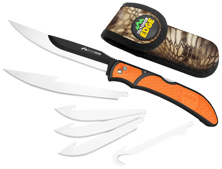 Outdoor Edge RazorBone 6-Blade Folding Hunting Knife – Gut Hook/Drop Point/Fillet, 420J2 SS, Blaze Orange Handle