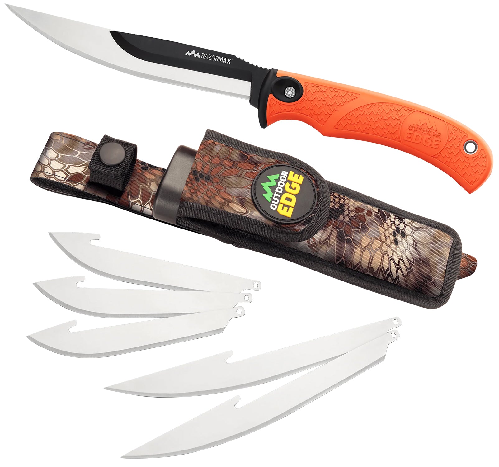 Outdoor Edge RazorMax 6-Blade Folding Knife – Drop Point/Boning Fillet, 420J2 SS Blades, Blaze Orange Handle