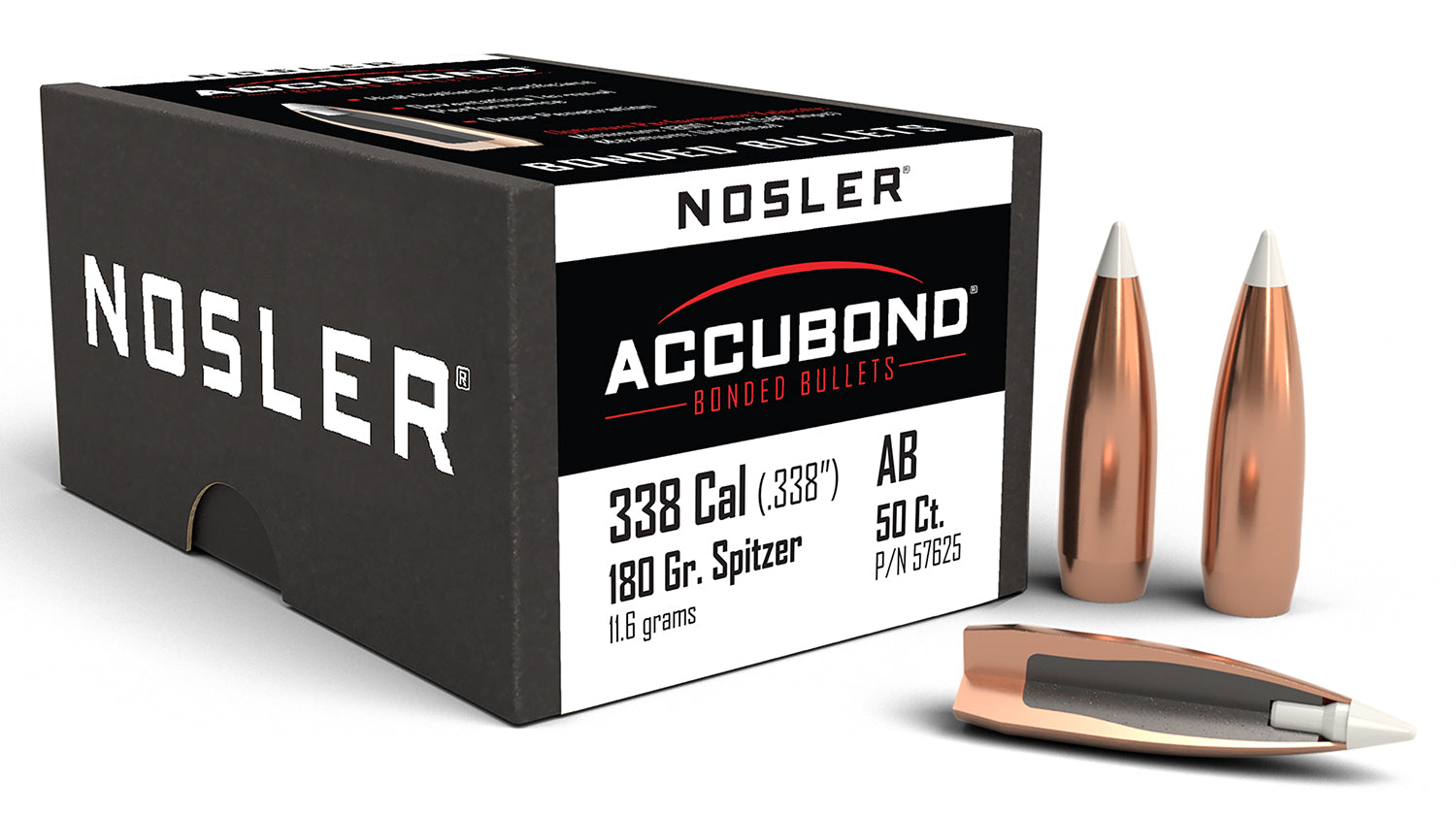 Nosler AccuBond 338 Caliber 180gr Spitzer BT Hunting Bullets 50/Box