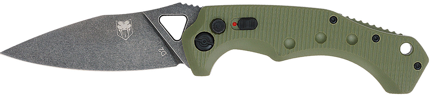 CobraTec Ryker 3.75" Auto Folding Black Stonewashed D2 Steel Blade, 5" OD Green Textured G10 Scales