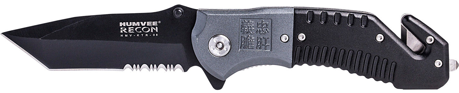 Humvee Adventure Gear HMVKTR08 Recon Tactical Folder Serrated/Plain Black SS Blade Black Gray Handle w/ Glass Breaker