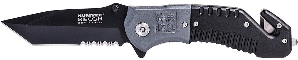 Humvee Adventure Gear HMVKTR08 Recon Tactical Folder Serrated/Plain Black SS Blade Black Gray Handle w/ Glass Breaker
