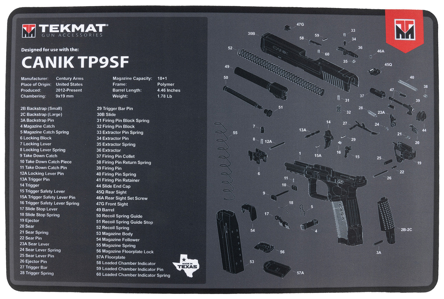 TekMat Canik TP9SF Firearm Cleaning and Maintenance Mat Black/Gray 11x17 Inch