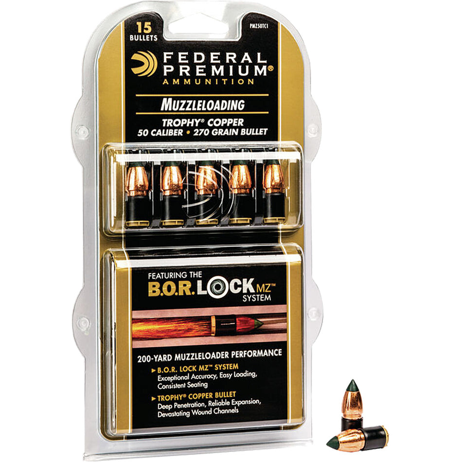 Federal 50 Cal. 270 gr. Trophy Copper BOR Lock MZ Muzzleloader Bullets 15 rd.