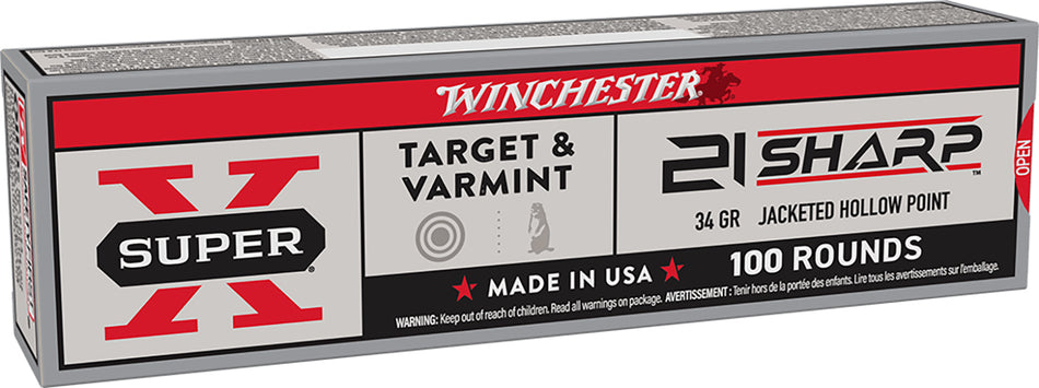 Winchester .21 Sharp Super X 34 grain Jacketed Hollow Point ammunition