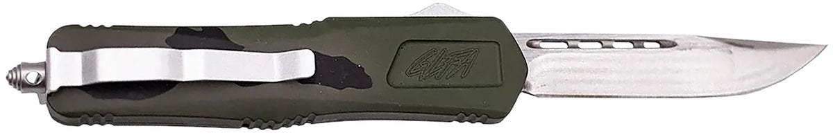 Great Lakes Firearms Medium OTF Spring-Assisted Knife 3.50" Steel Blade Pursuit Green Vietnam Tiger Stripe Handle