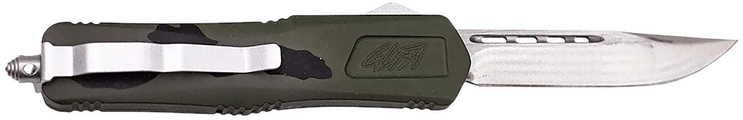 Great Lakes Firearms Medium OTF Spring-Assisted Knife 3.50" Steel Blade Pursuit Green Vietnam Tiger Stripe Handle