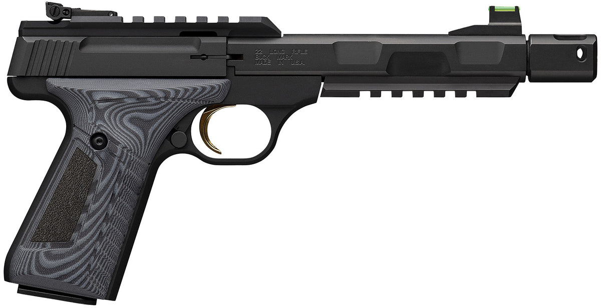 Browning 051598490 Buck Mark Contour Pro 22 LR 10+1 4.40" Black Threaded w/Compensator Barrel, Matte Black Picatinny Rail Receiver, Matte Black Aluminum Frame w/Picatinny Rail, Black/Gray G10 Grip