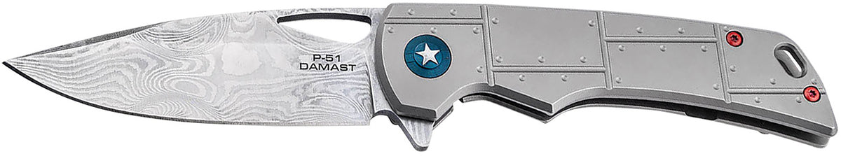 Boker Plus 01BO910DAM P-51 Damast 3.35" Drop Point Silver Damascus Titanium Scale