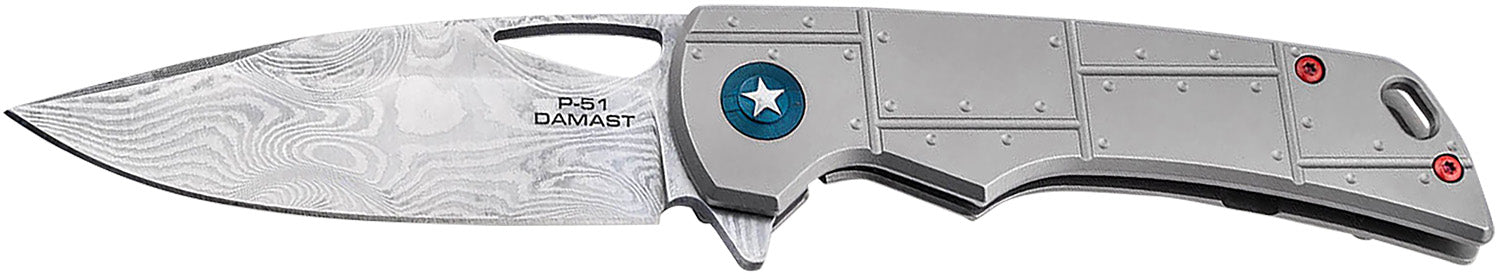 Boker Plus 01BO910DAM P-51 Damast 3.35" Drop Point Silver Damascus Titanium Scale