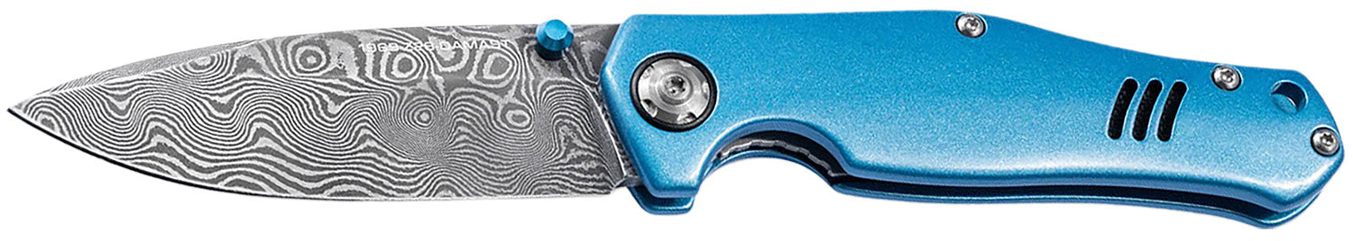 Boker 111101DAM 3.15" Drop Point Damascus Steel Blade Blue Anodized Aluminum Handle Pocket Knife