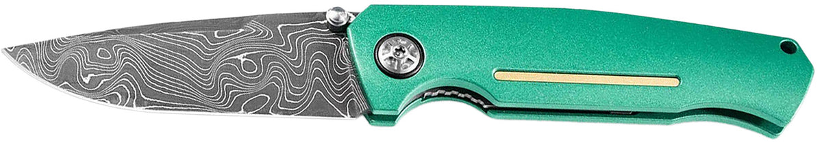 Boker 111102DAM 3.22" Drop Point Damascus Steel Blade Green Anodized Aluminum Handle Folder