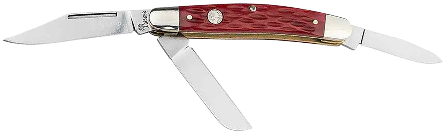 Boker 110855 Traditional Stockman Medium D2 Clip/Sheepsfoot/Spey Knife Red Jigged Bone Scales