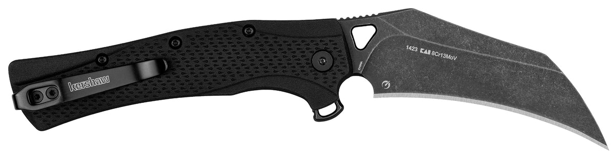 Kershaw 1423 Dawnstar 3.50" Assisted Opening Hawkbill Folding Knife, Blackwash 8Cr13MoV SS Blade, Black GFN Handle