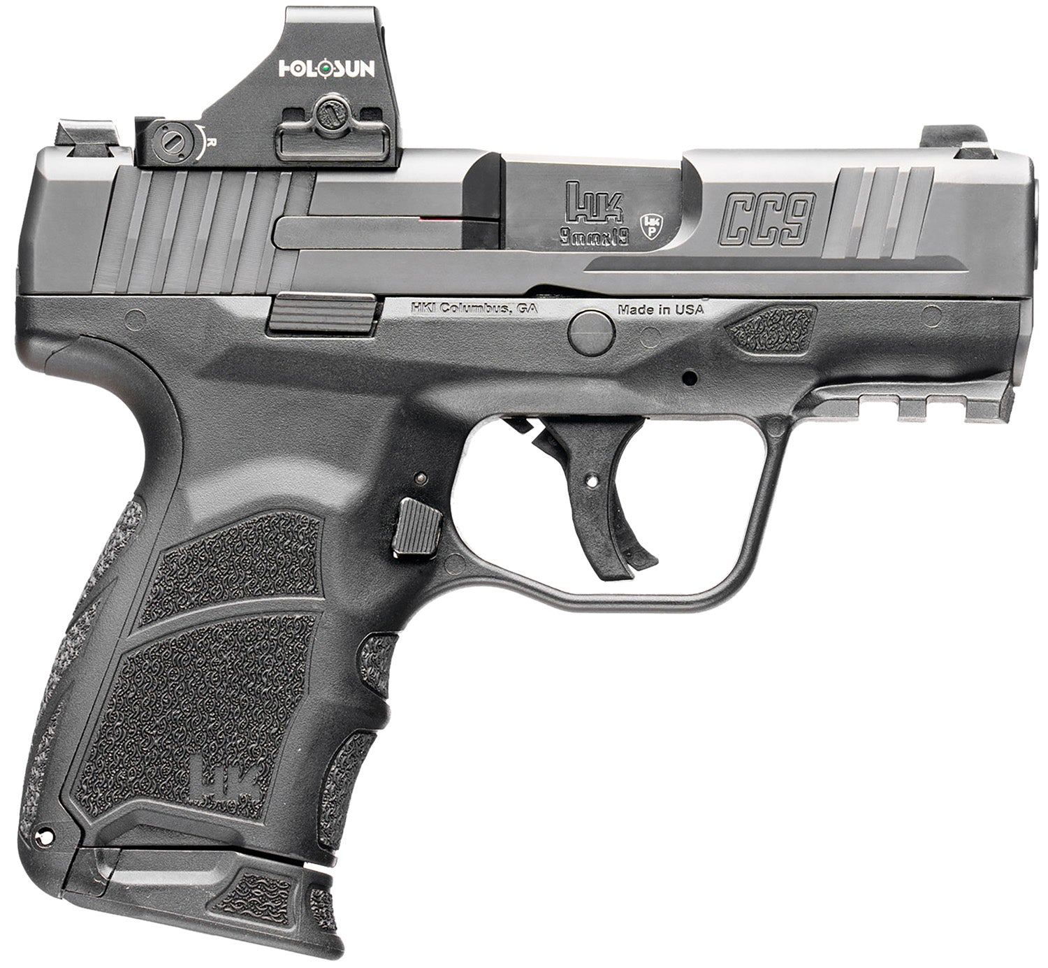HK 81001132 CC9 9mm Luger 10+1 3.32" Black Polygonal Rifled Barrel, Optic Ready RMSc/407k Footprint/Serrated Steel Slide, Polymer Frame w/Picatinny Rail, Black Interchangeable Backstrap Grip