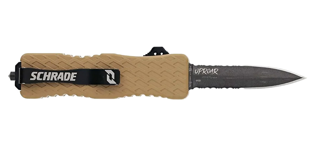 Schrade Uproar Tactical 3" OTF Dagger Part Serrated Black Oxide D2 Steel Blade FDE Textured Aluminum Handle