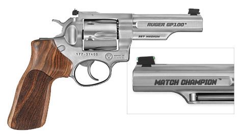 Ruger 1755 GP100 Match Champion Medium Frame 357 Mag 6rd 4.20" Satin Stainless Steel Half-Lug Barrel, Cylinder & Frame, Hogue Stippled Hardwood Grip, Transfer Bar Safety