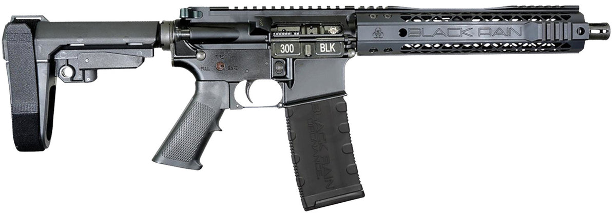 Black Rain Ordnance Spec15 300 Blackout 30+1 10.50" Black Nitride Steel Barrel, 10" M-LOK Handguard, Black Anodized Aluminum Picatinny Rail Receiver, Tactical SBA3 Brace, Black G.I. Grip