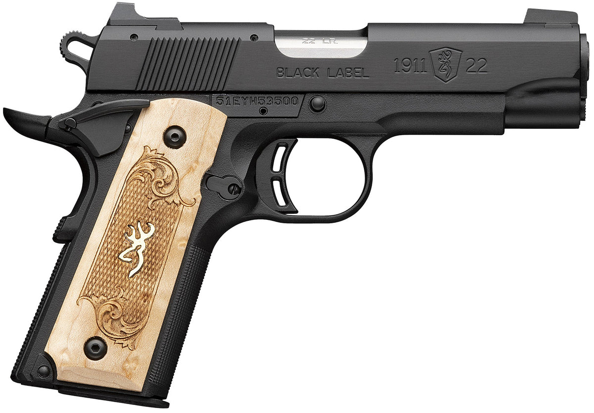 Browning 051068490 1911-22 Black Label Medallion Compact Frame 22 LR 10+1 3.63" Stainless Steel Barrel, Matte Black Serrated Slide, Matte Black Aluminum Frame w/Beavertail, Maple Medallion Grip
