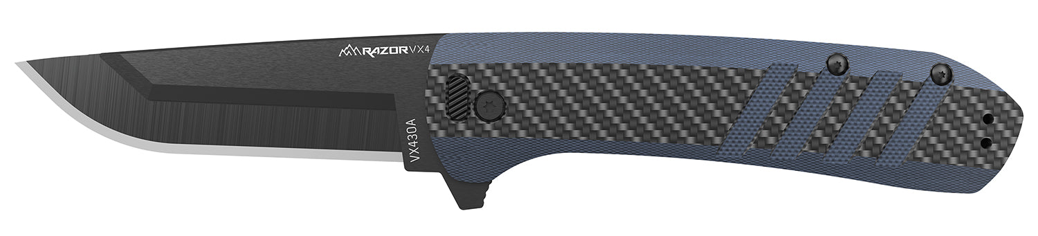 Outdoor Edge Razor VX4 3" Folding Plain Knife – VX430CC, Carbon Fiber/Blue Handle