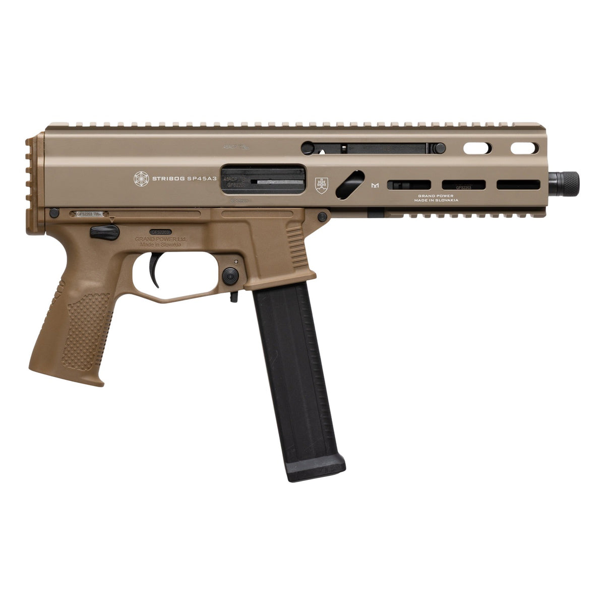 Grand Power 197892004794 SP45A3 Stribog 45 ACP 20+1 8" Black Threaded Barrel, Flat Dark Earth Cerakote Aluminum/Polymer Receiver w/Picatinny Rail, QD Sling Sockets, FDE Polymer Grip, Ambidextrous