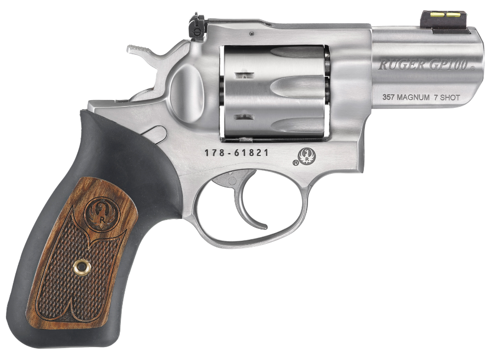 Ruger 1774 GP100 Small Frame 357 Mag 7 Shot, 2.50" Satin Stainless Steel Barrel, Satin Stainless Cylinder, Satin Stainless Steel Frame, Black Rubber w/Wood Insert Grip, Exposed Hammer