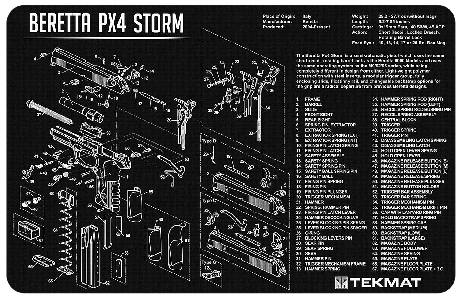 TekMat Beretta Px4 Storm Firearm Cleaning and Maintenance Mat 11x17 Inch