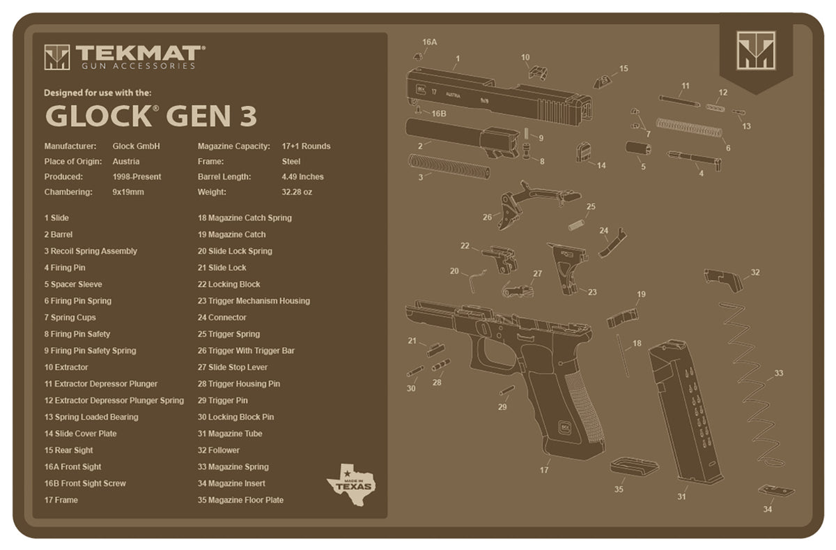 TekMat Glock Gen 3 Firearm Cleaning Mat Flat Dark Earth 11x17 Inch
