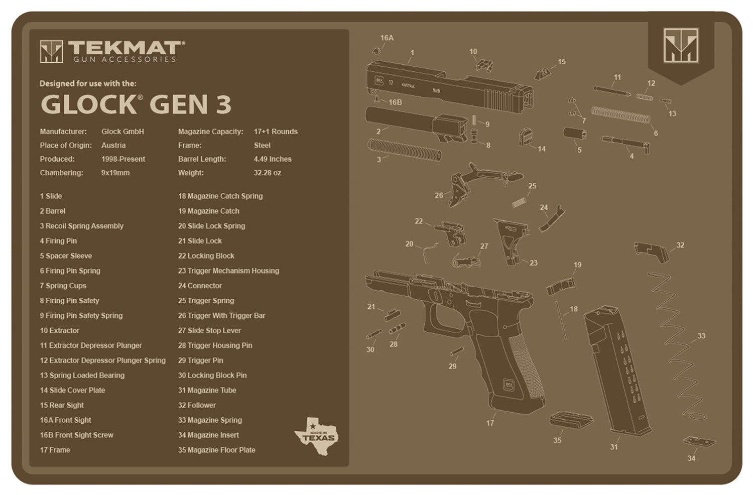 TekMat Glock Gen 3 Firearm Cleaning Mat Flat Dark Earth 11x17 Inch