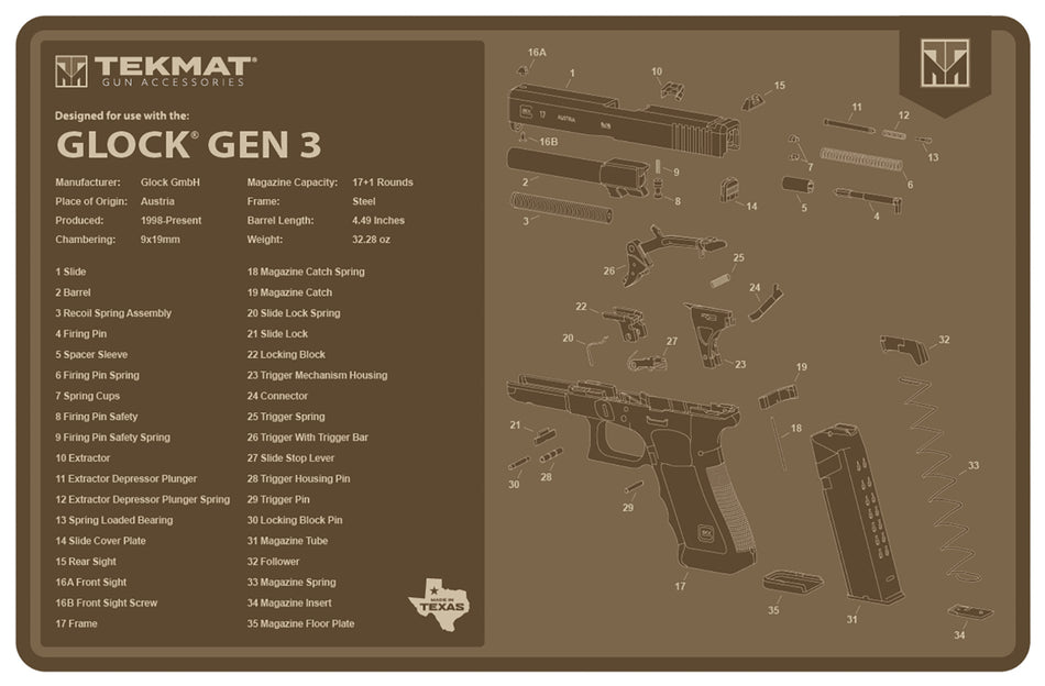 TekMat Glock Gen 3 Firearm Cleaning Mat Flat Dark Earth 11x17 Inch
