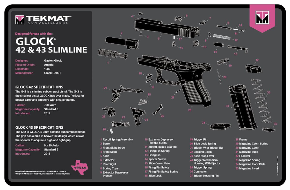 TekMat Glock Gen 3 Firearm Cleaning Mat Pink 11x17 Inch
