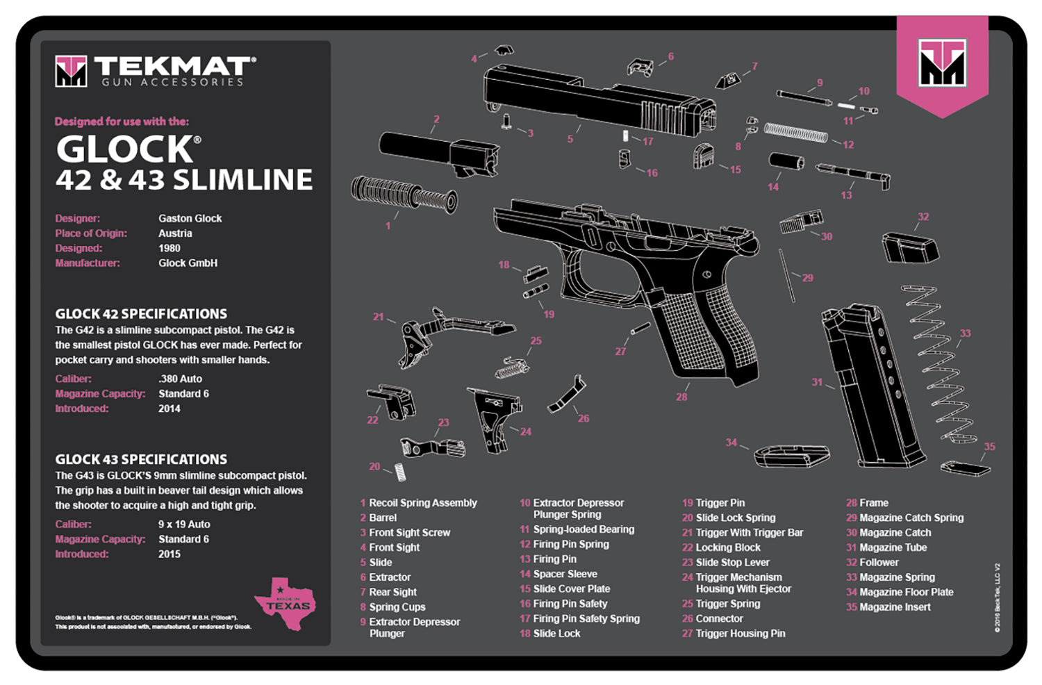 TekMat Glock Gen 3 Firearm Cleaning Mat Pink 11x17 Inch