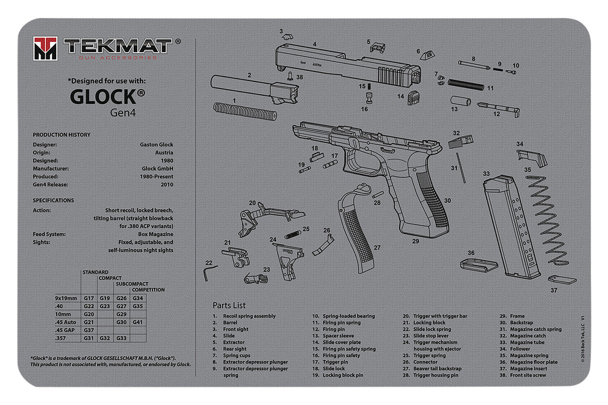 TekMat Glock Gen 4 Firearm Cleaning Mat Gray 11x17 Inch
