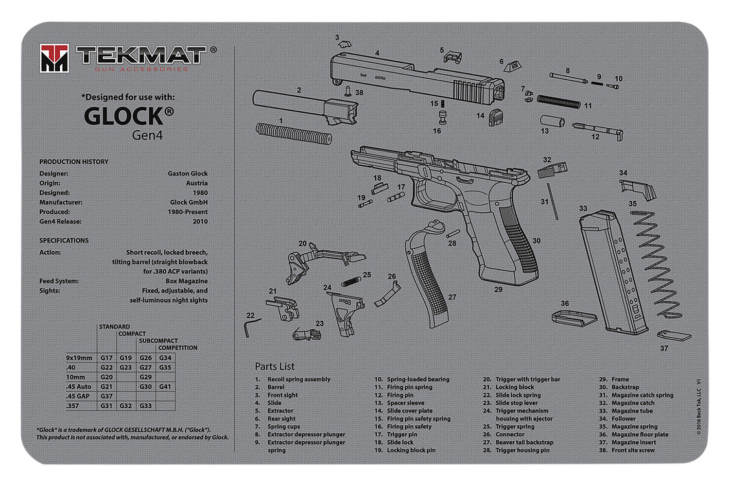 TekMat Glock Gen 4 Firearm Cleaning Mat Gray 11x17 Inch